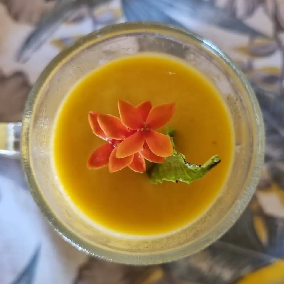 Creme de fruta visto de cima, enfeitado com uma flor laranja e hortelã